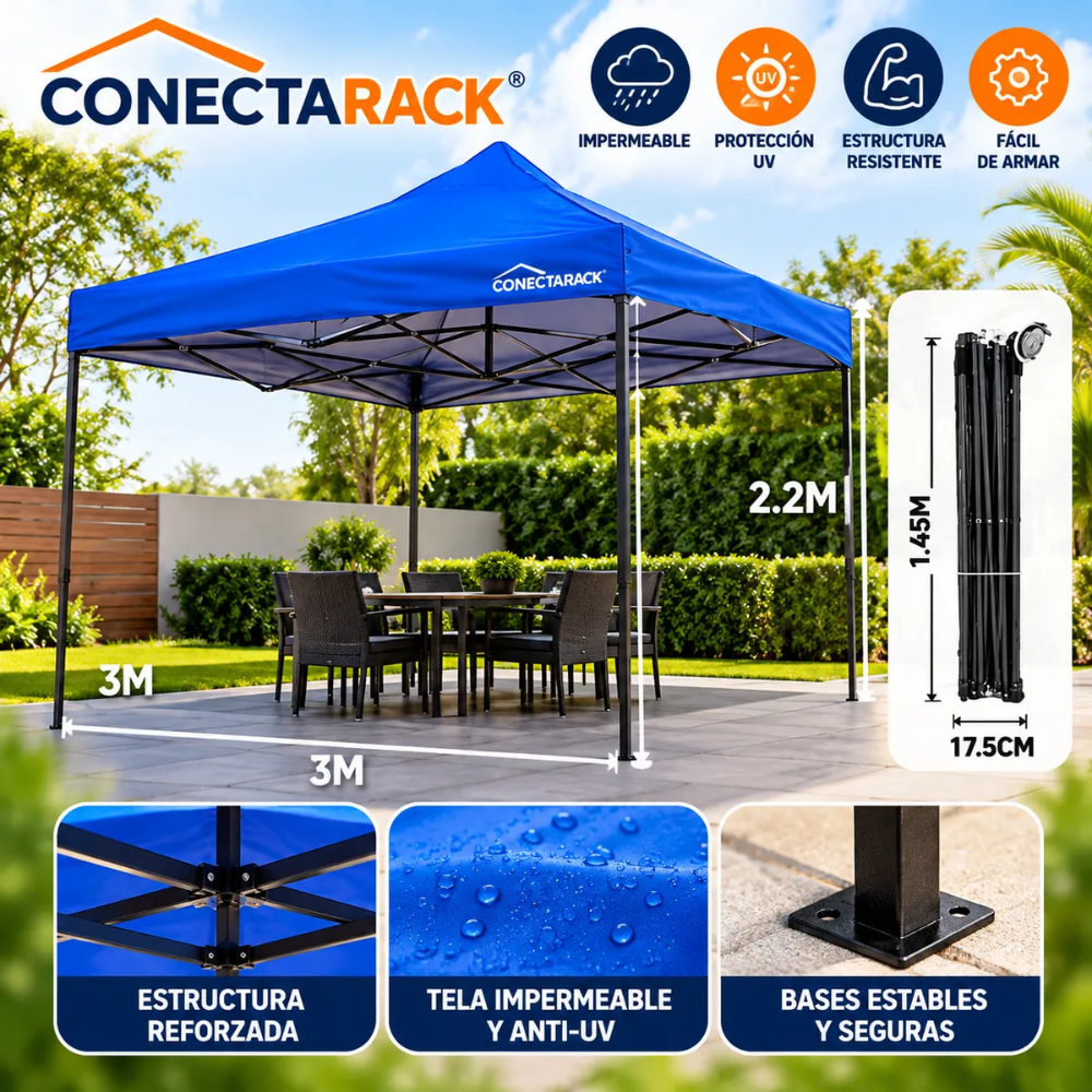Toldo Plegable 3x3 Protección UPF 50+ Azul