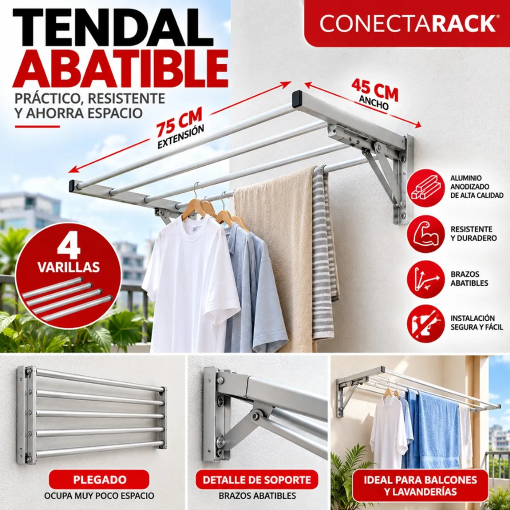 Tendal abatible de alumino conectarack 75 cm x 45 cm 4 varillas