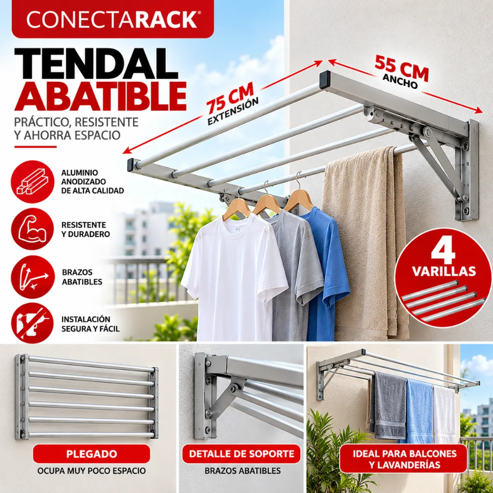 Tendal abatible de alumino conectarack 75 cm x 55 cm 4 varillas